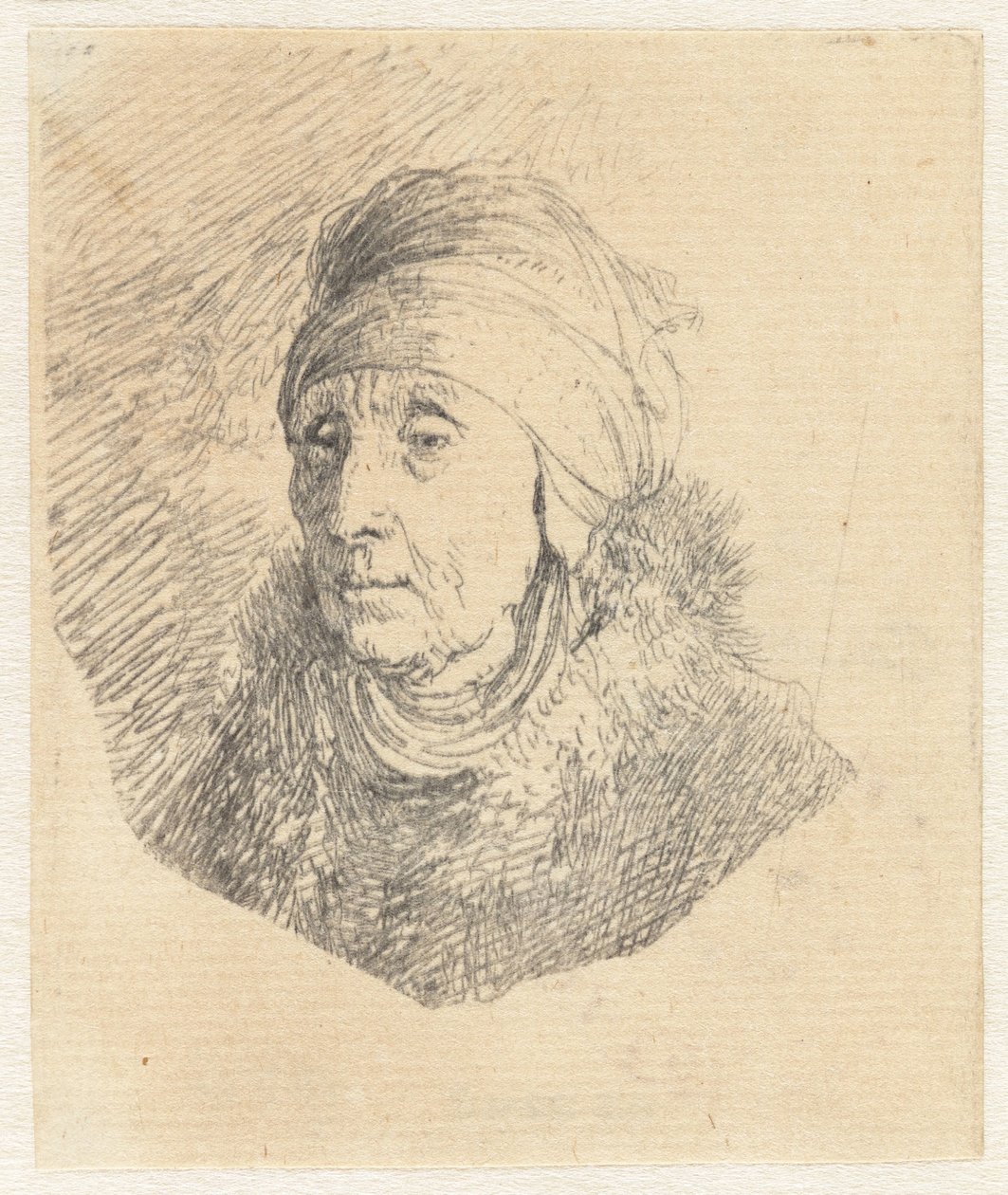 Mulher com um cocar alto enrolado à volta do queixo: busto de Rembrandt van Rijn