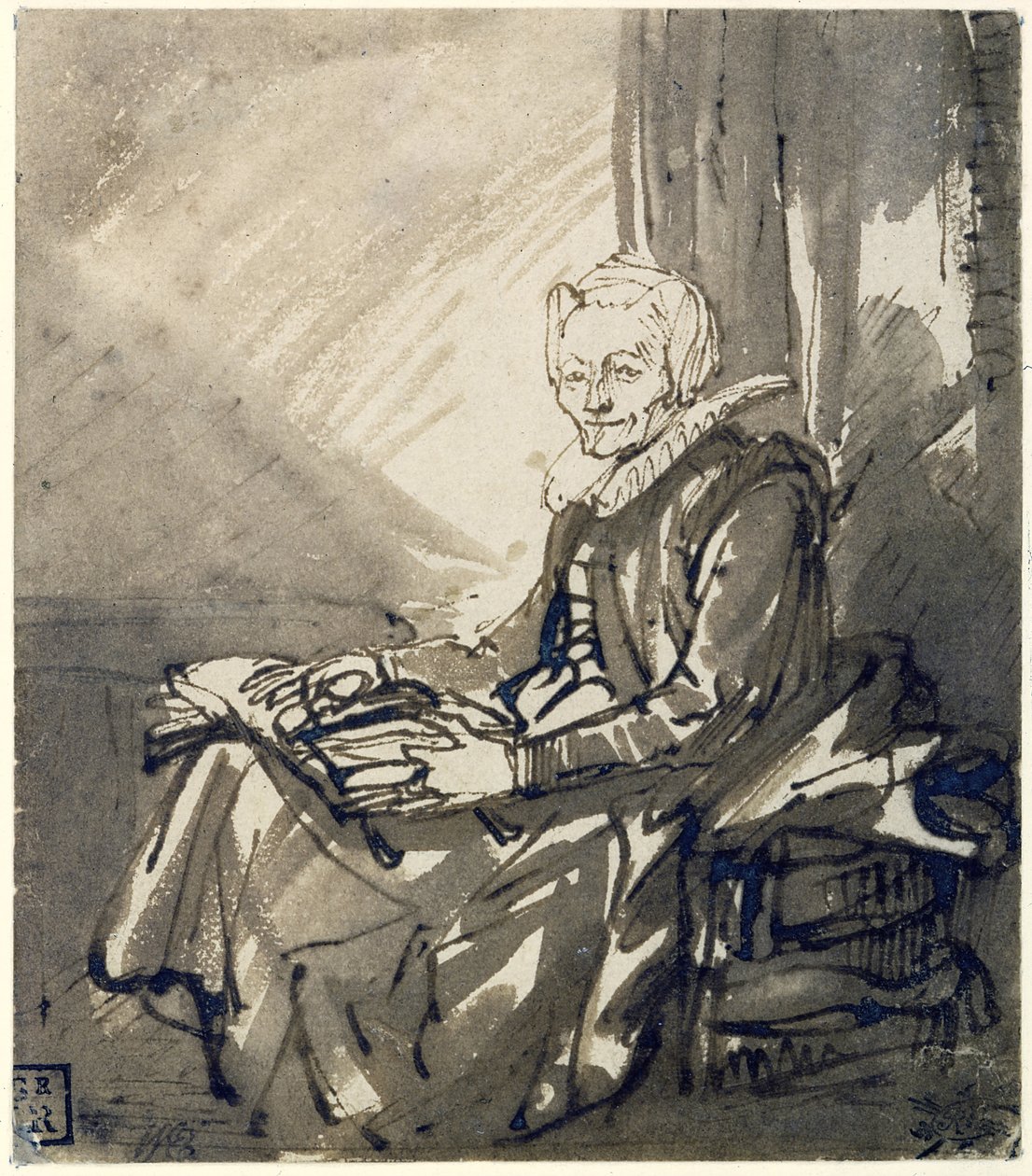 Mulher com um livro aberto no colo, ca 1639 de Rembrandt van Rijn