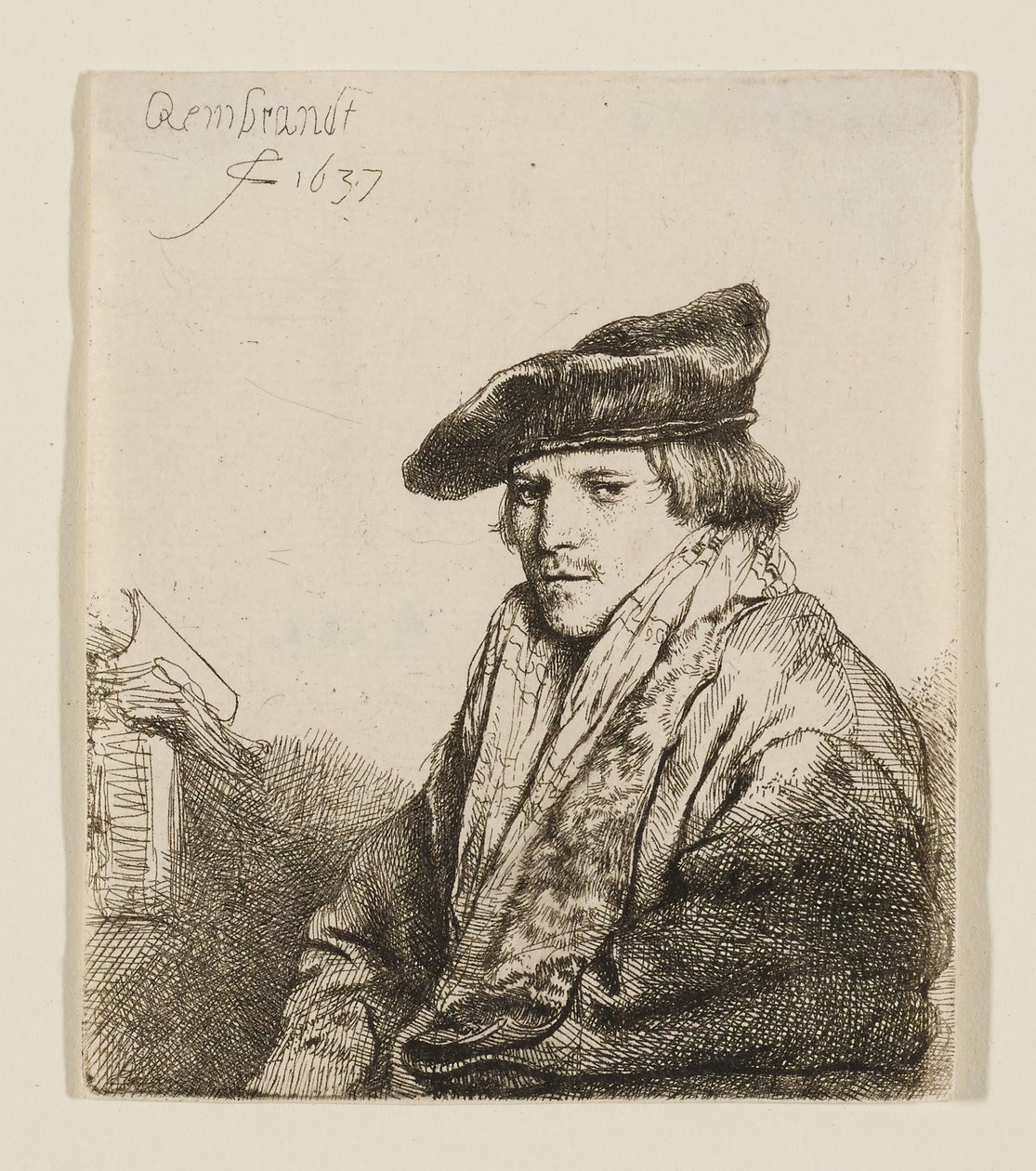 Jovem com um gorro de veludo e livros ao seu lado de Rembrandt van Rijn