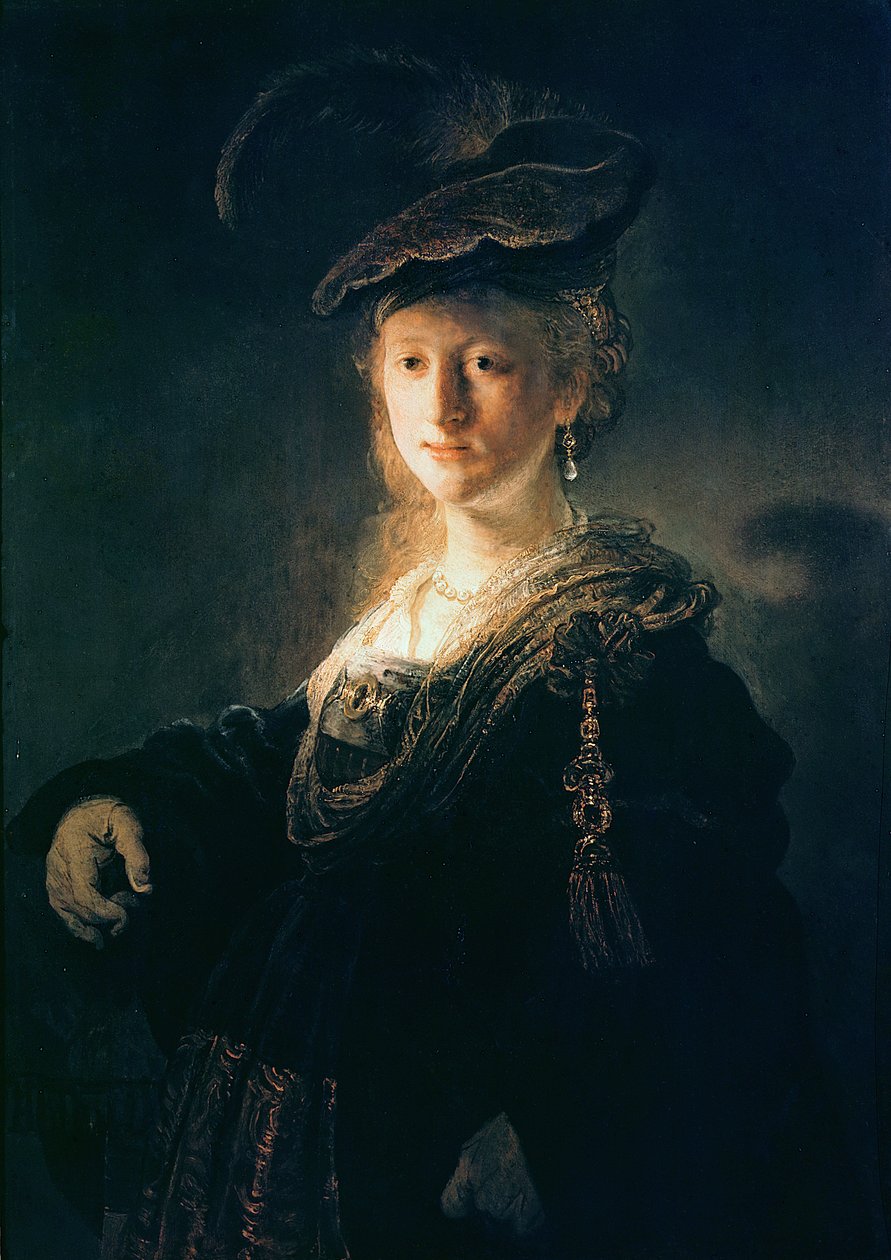 Mulher jovem, em, vestido extravagante de Rembrandt van Rijn