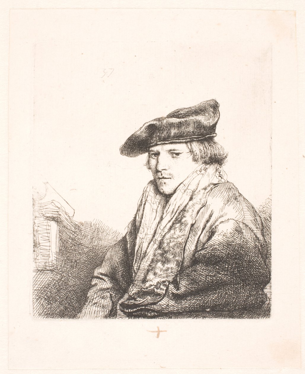 Jovem em um boné de veludo com livros ao lado dele de Rembrandt van Rijn