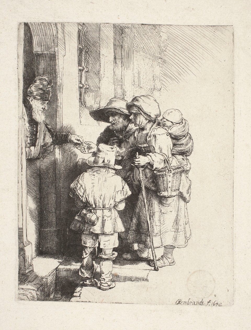 Mendigos a receber esmolas à porta de Rembrandt van Rijn