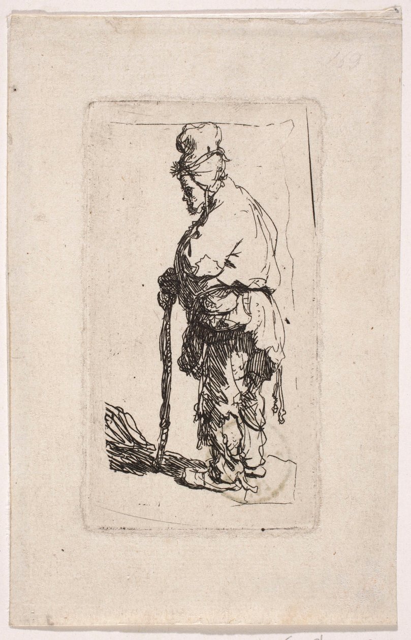 Mendigo apoiado numa bengala, virado para a esquerda de Rembrandt van Rijn