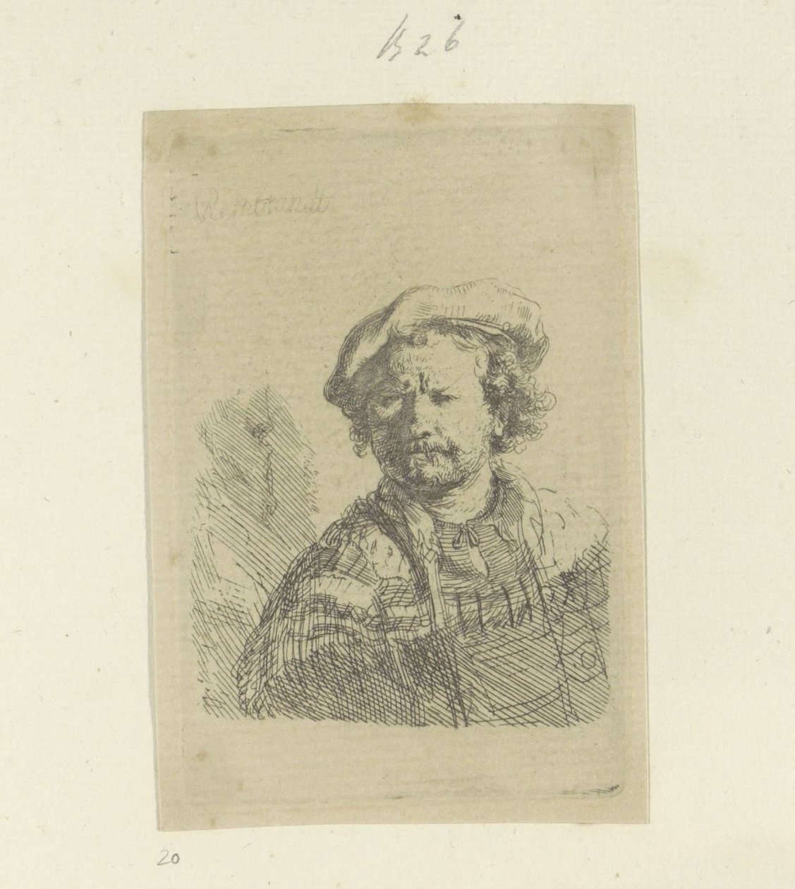 Zelfportret met baret en bewerkte mantel
Colecção de oitenta e cinco estampas originais (título da série) de Rembrandt van Rijn