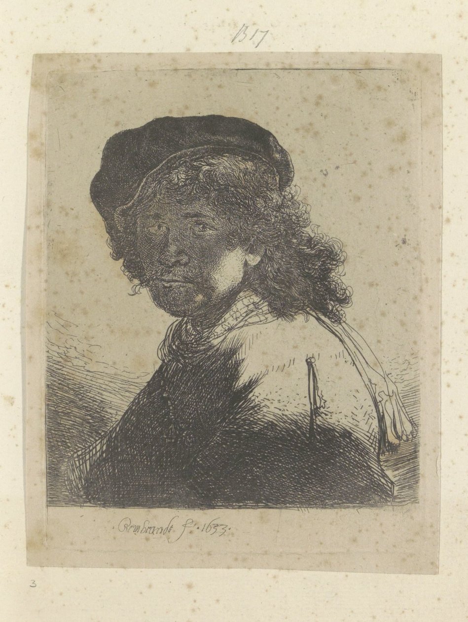 Auto-retrato com boina e cravat, rosto na sombra
Recueil de quatre-vingt-cinq estampes originales (título da série) de Rembrandt van Rijn