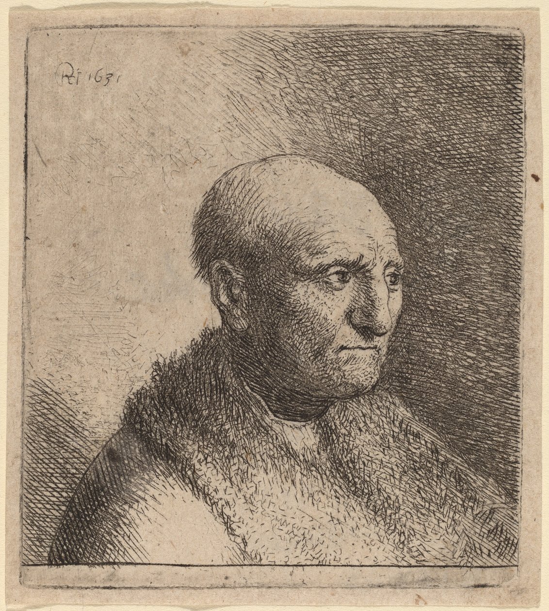Homem careca em uma capa de pele de Rembrandt van Rijn and Studio of Rembrandt