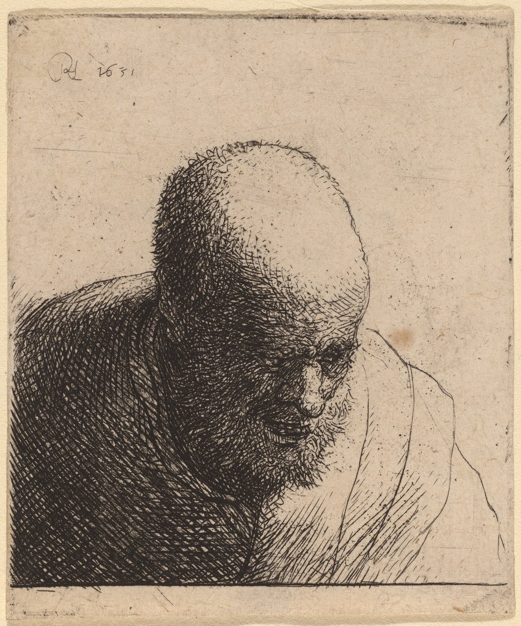 Homem careca com a boca aberta, olhando para baixo de Rembrandt van Rijn and Studio of Rembrandt