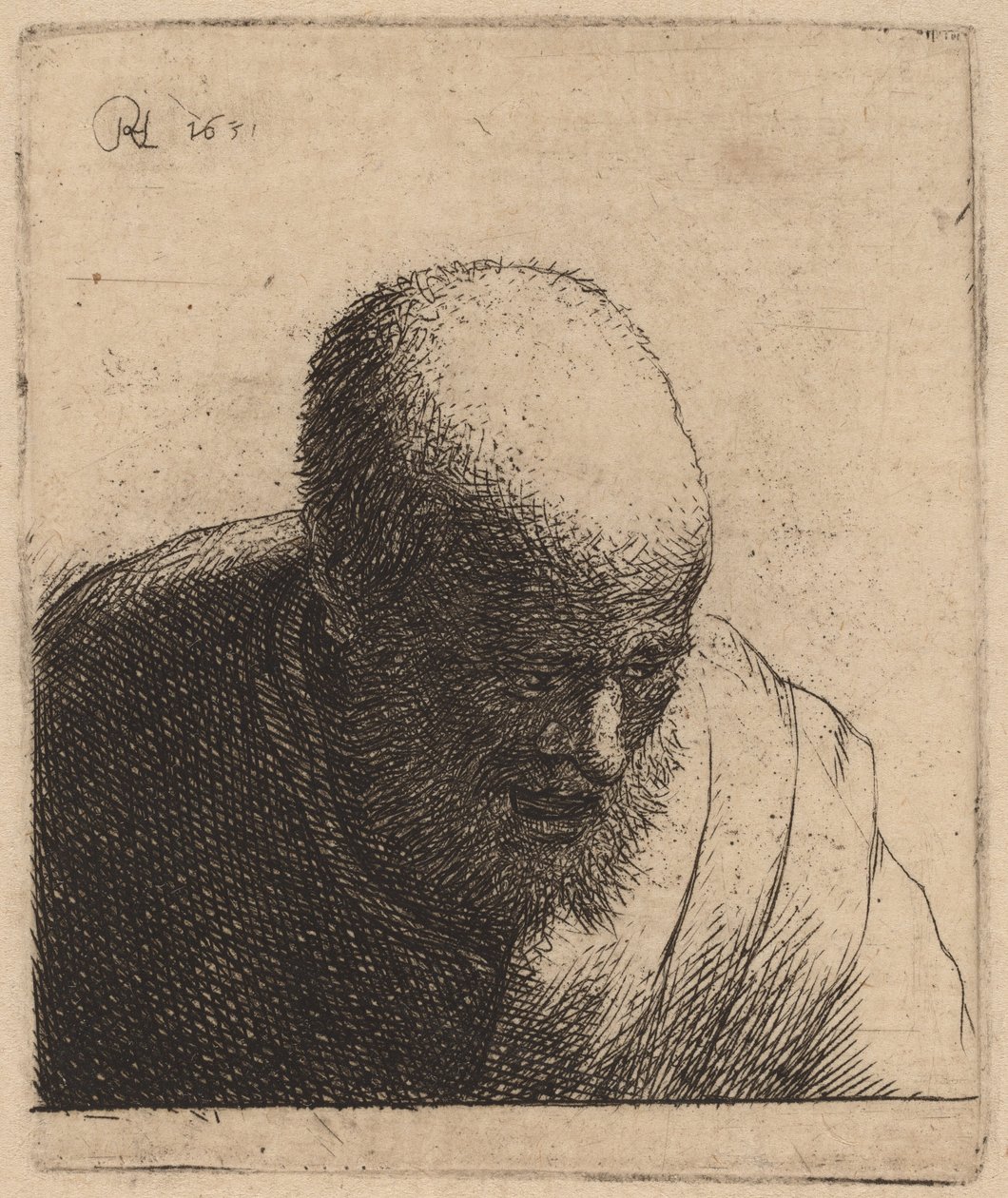 Homem careca com a boca aberta, olhando para baixo de Rembrandt van Rijn and Studio of Rembrandt