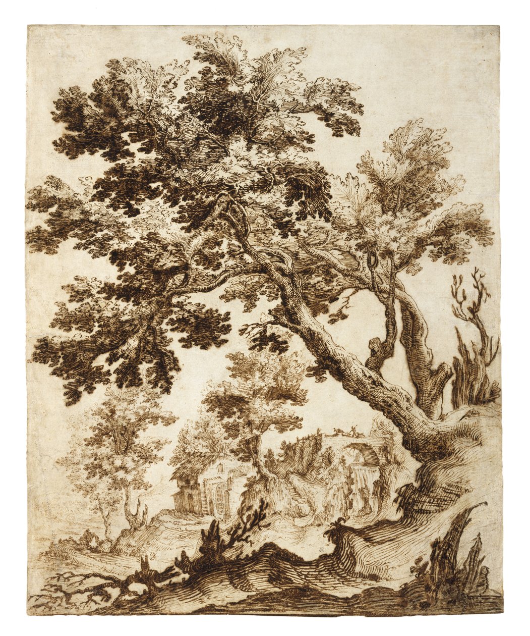 Paisagem com árvore e moinho, início dos anos 1600 (tinta e lavagem com aumento do papel colocado no suporte secundário) de Remigio Cantagallina