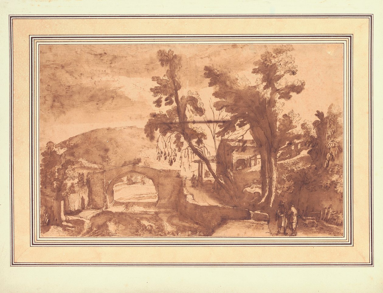 Uma paisagem montanhosa com uma ponte sobre um rio, figuras numa estrada junto a uma quinta à direita (tinta e lavagem com giz sobre papel) de Remigio Cantagallina