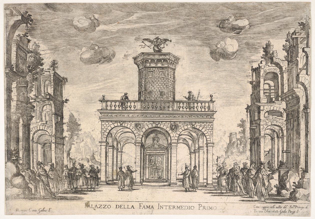 Primeiro interlúdio: palácio da fama Sexto intermediário: palácio da fama, da série S..., 1608. de Remigio Cantagallina