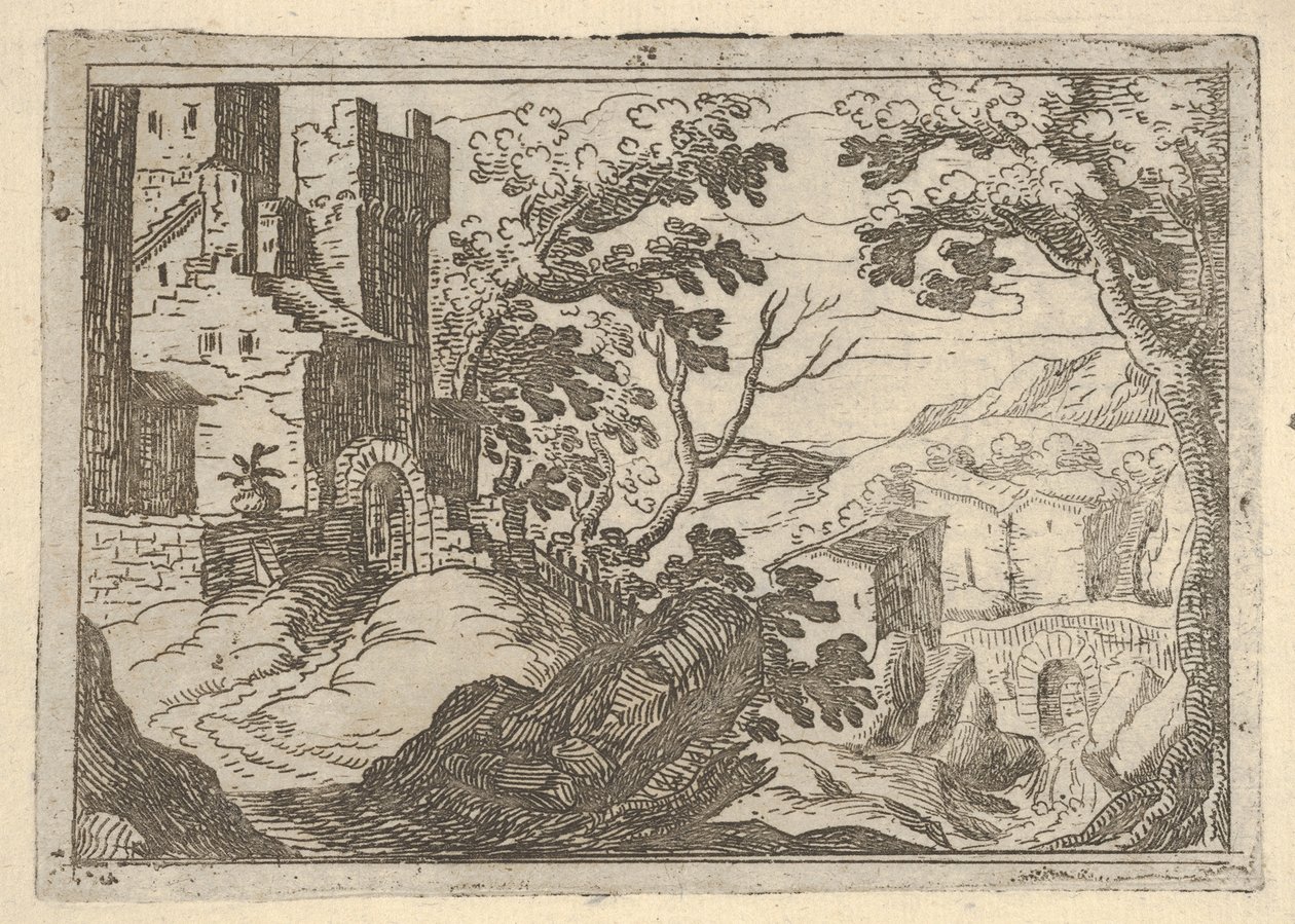 Paisagem com edifícios à esquerda e uma ponte logo abaixo, ca. 1620-50. de Remigio Cantagallina