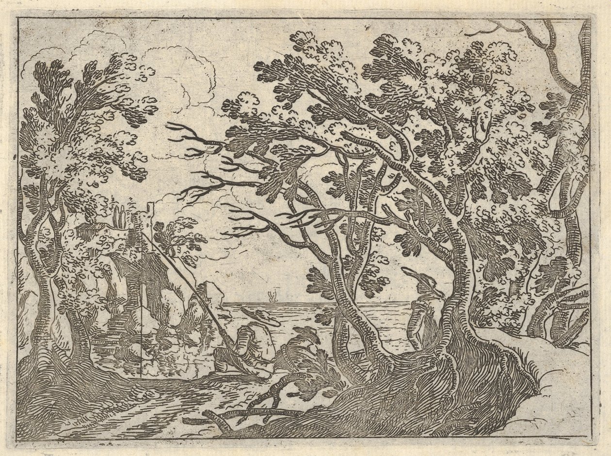 Paisagem com pescador em terra e espectador masculino sob árvores, um homem em uma proa de barco ..., ca. 1620-50. de Remigio Cantagallina