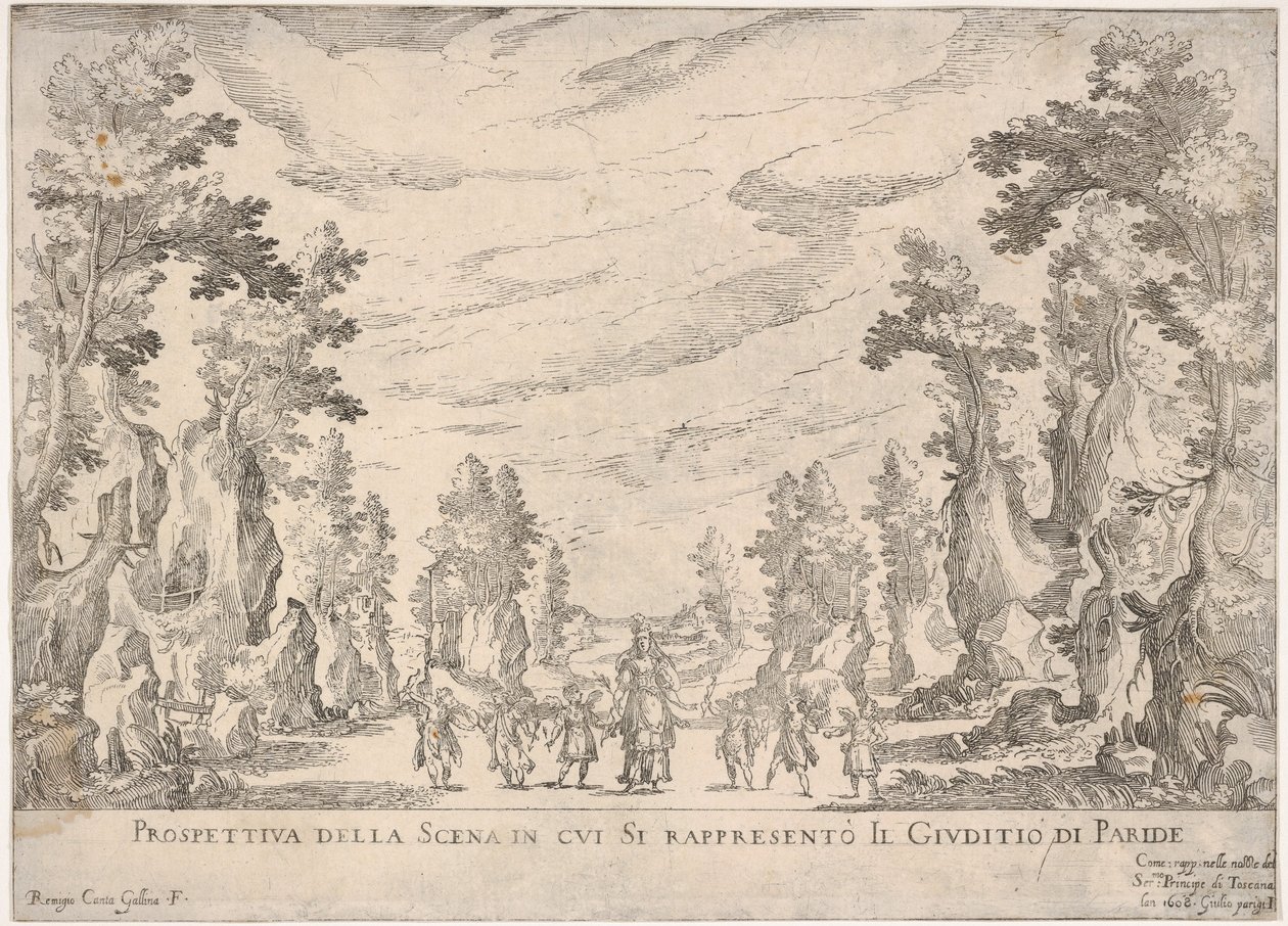 Vista da cena em que está representado o julgamento de Paris Prospettiva della scena i ..., 1608. de Remigio Cantagallina