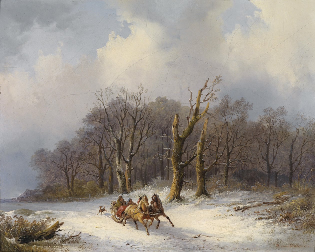 Paisagem de inverno com trenó em primeiro plano de Remigius Adrianus Haanen