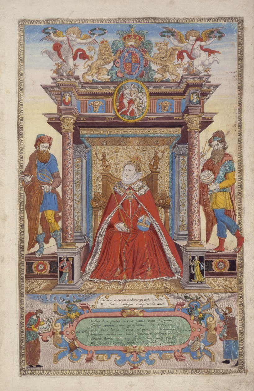 Frontspiece, de um atlas de Inglaterra e de Gales, por Christopher Saxton (b.1542) 1590 (gravura colorida mão) de Remigius Hogenbergh