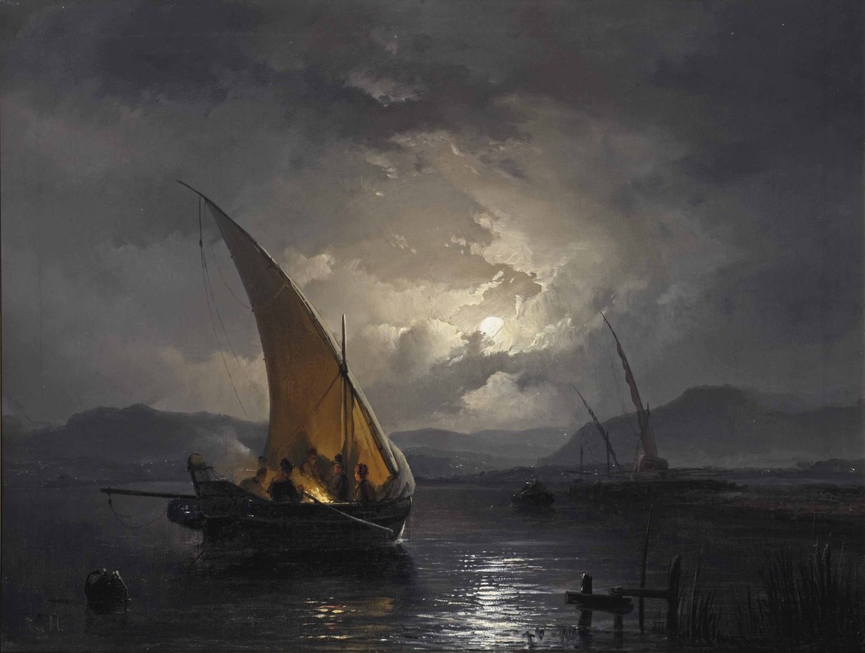 Uma paisagem nocturna com um veleiro onde está a ser acesa uma fogueira de Remigius Adrianus Haanen