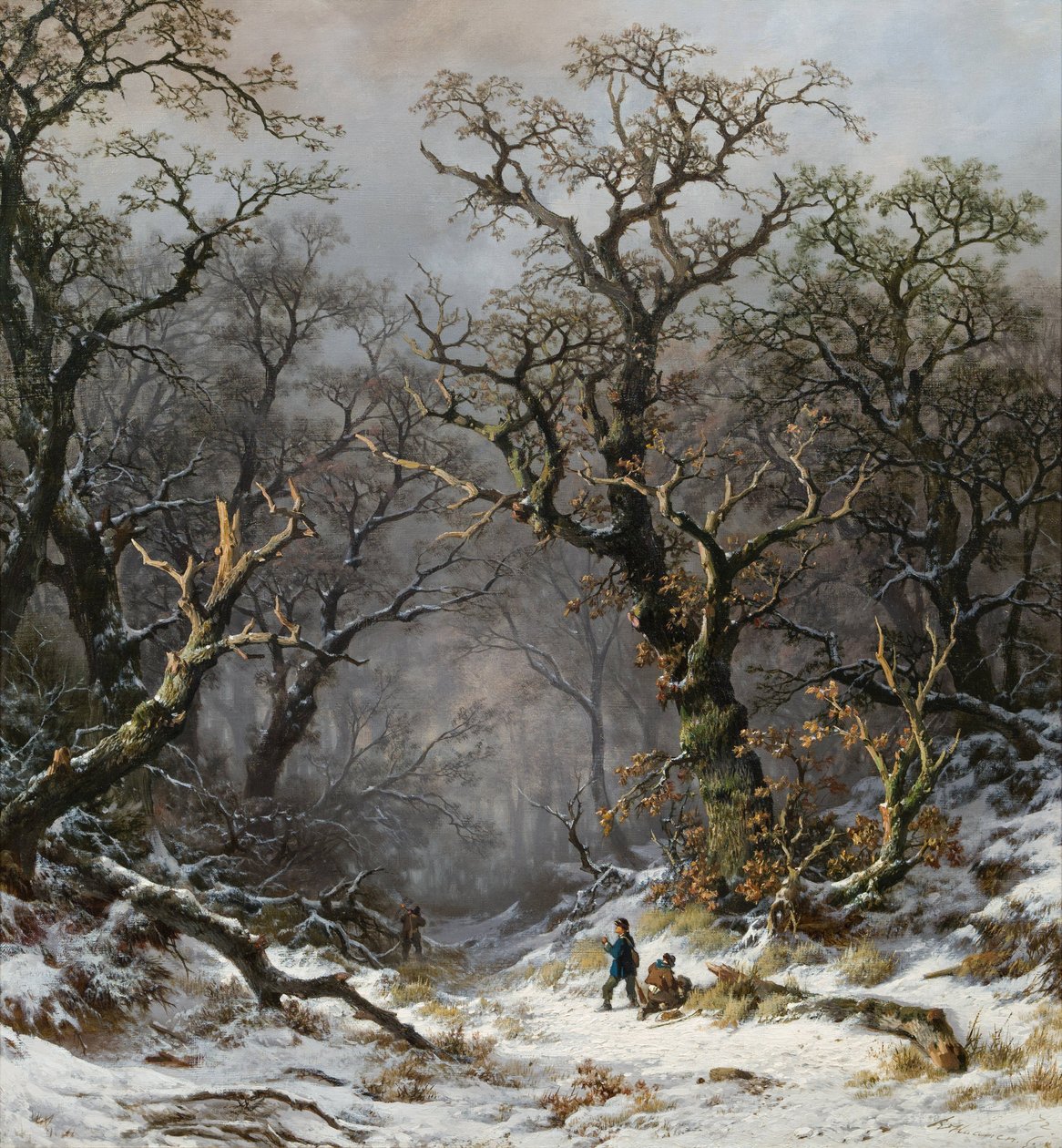 Caçadores na floresta no inverno de Remigius Adrianus Haanen