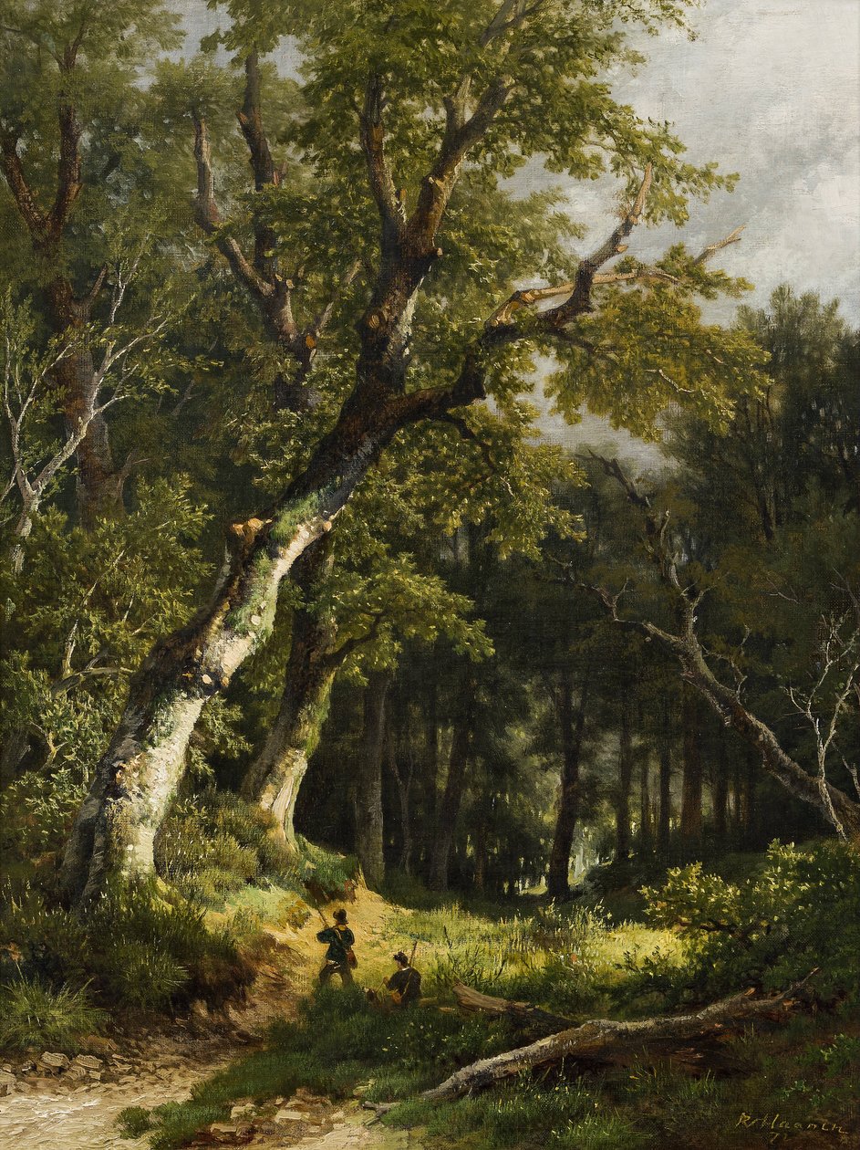 Paisagem arborizada com dois caçadores de Remigius Adrianus Haanen