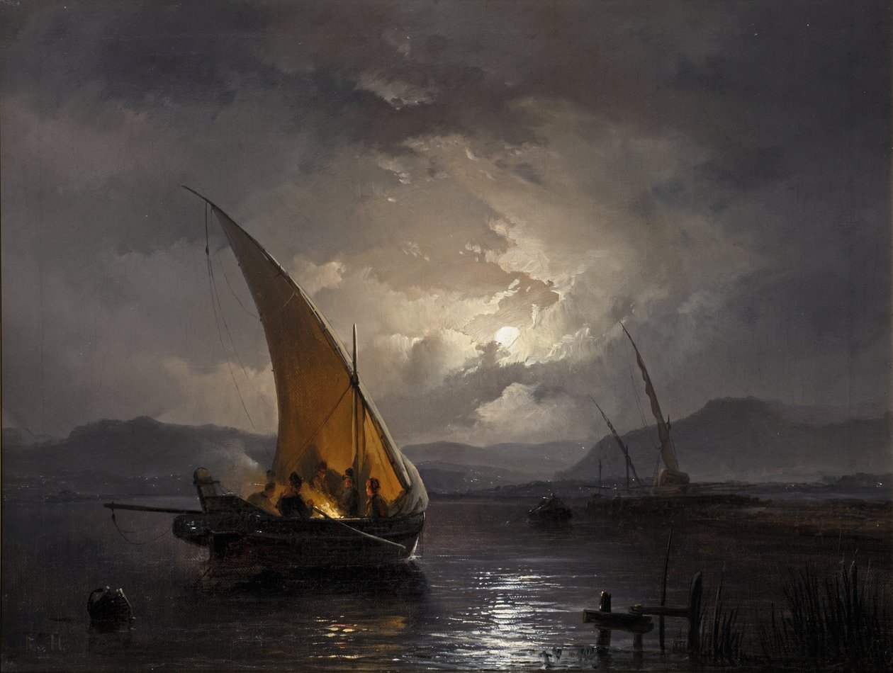 Uma paisagem noturna com um veleiro onde se acende uma fogueira, após 1860 (óleo sobre tela) de Remigius van Haanen