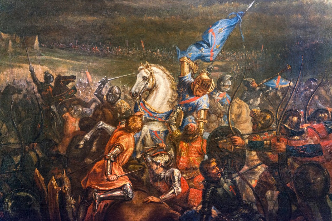 Guerra dos Cem Anos: a Batalha de Formigny (Calvados) a 15/04/1450 entre o exército inglês de Thomas Kyriell (1396-1461) e o de Jean de Clermont (1356) - detalhe do quadro de Remy Eugene Julien (1797-1868) - Musee d