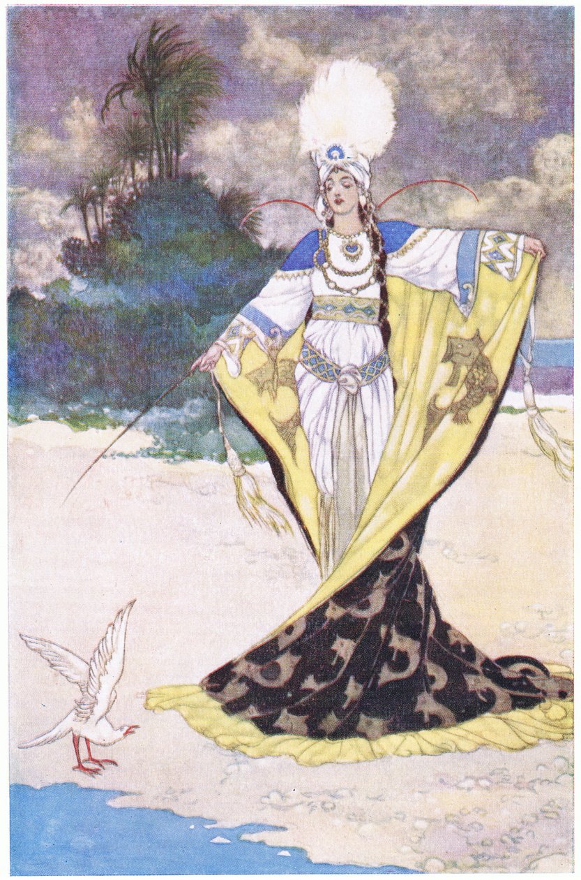 Princesa Giauhara muda King Beder em um pássaro branco, década de 1930 de René Bull