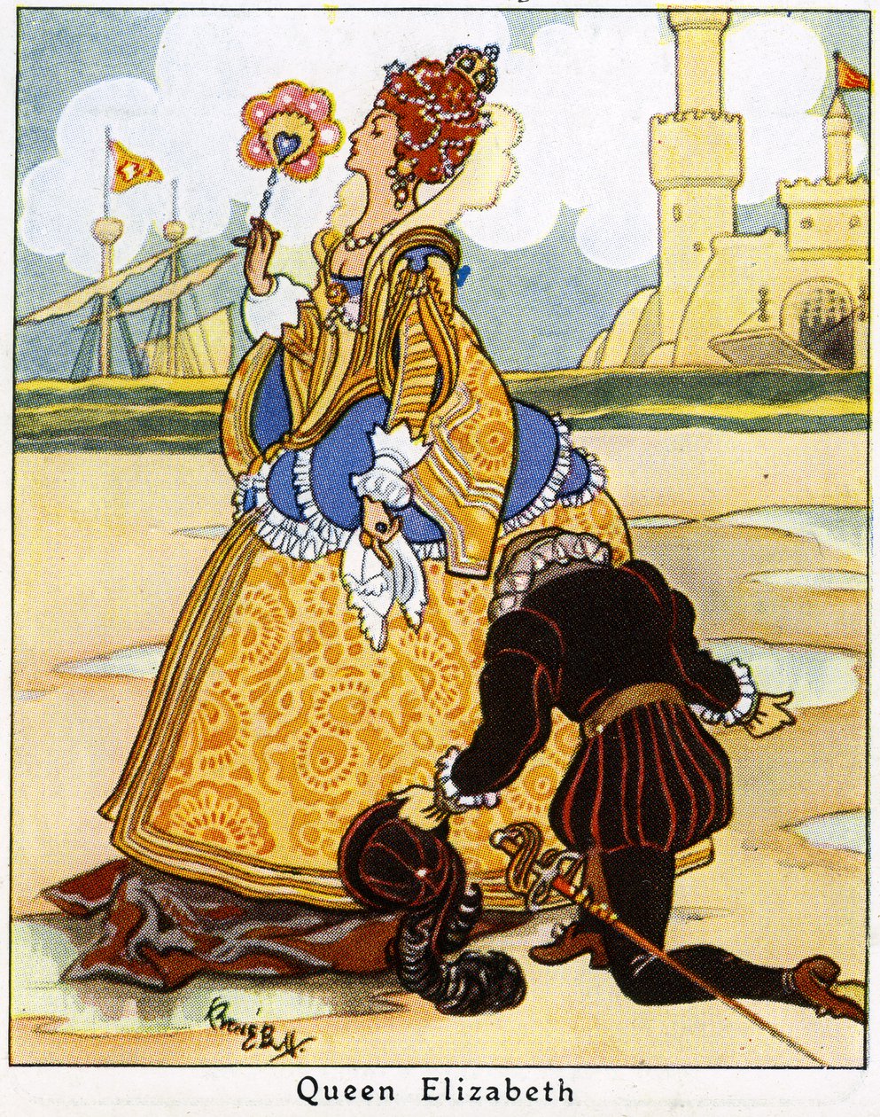 Sir Walter Raleigh coloca seu manto diante da Rainha Elizabeth I para andar sobre uma poça, 1936 de René Bull
