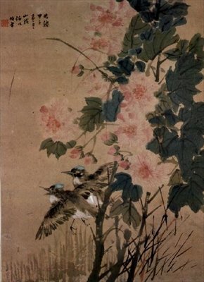 Aves em um arbusto de floração (tinta e wc no papel) de Ren Yi 1840 96 Ren Yi 1840 96