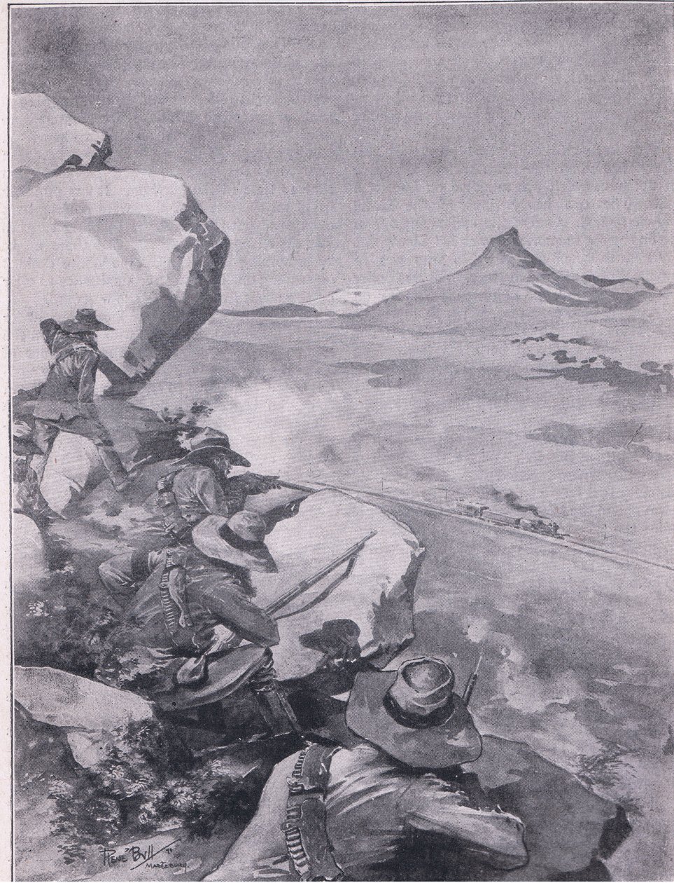 Boers a disparar sobre o comboio do General French (litho) de René Bull