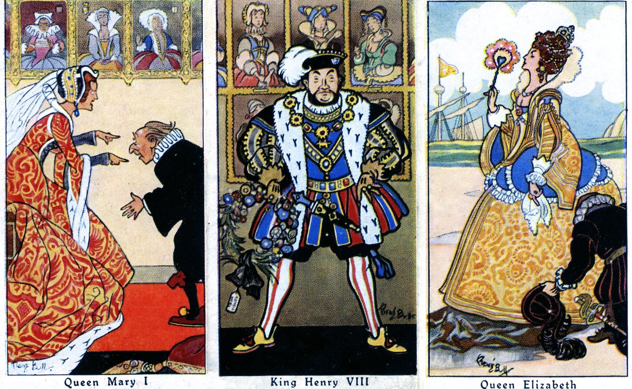 Rei Henrique VIII com suas duas filhas, Maria I e Isabel I, 1936 de René Bull