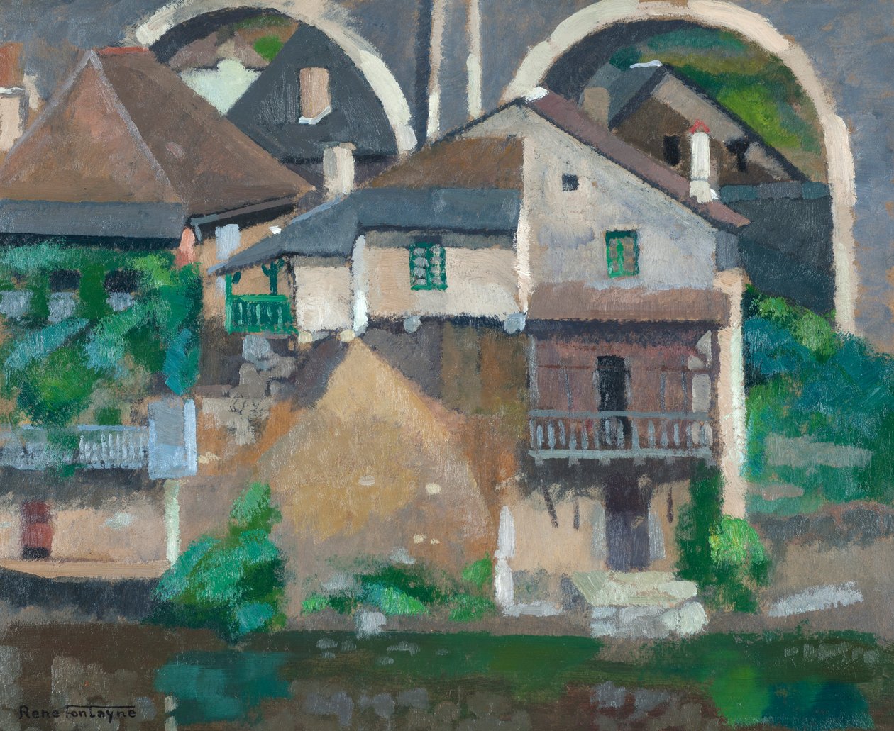Casas no Vézère em Uzerche (óleo sobre papelão) de René Fontayne
