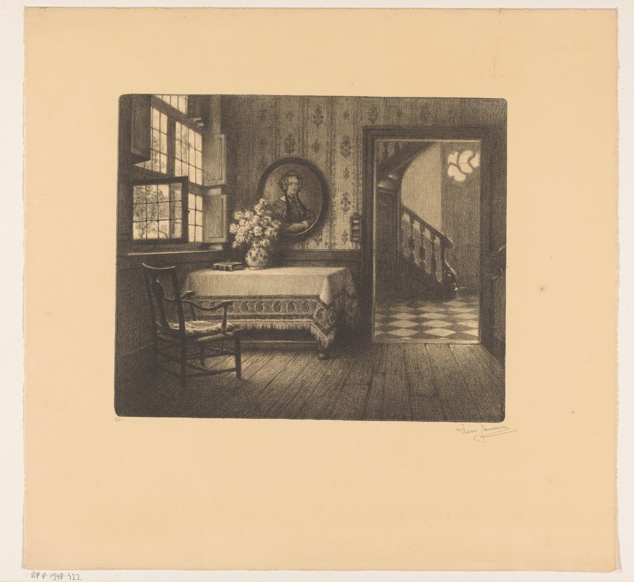 Interior com retrato, mesa e vista de um corredor de René Janssens (signed by artist)