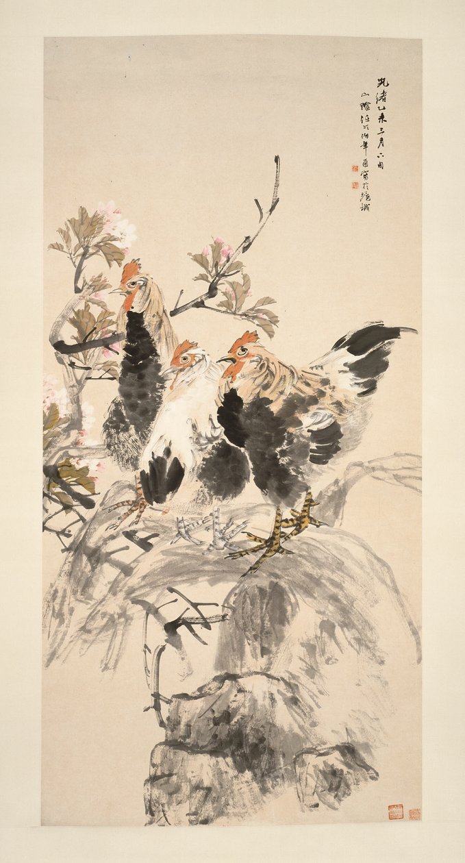 Galos e damascos em flor de Ren Yi