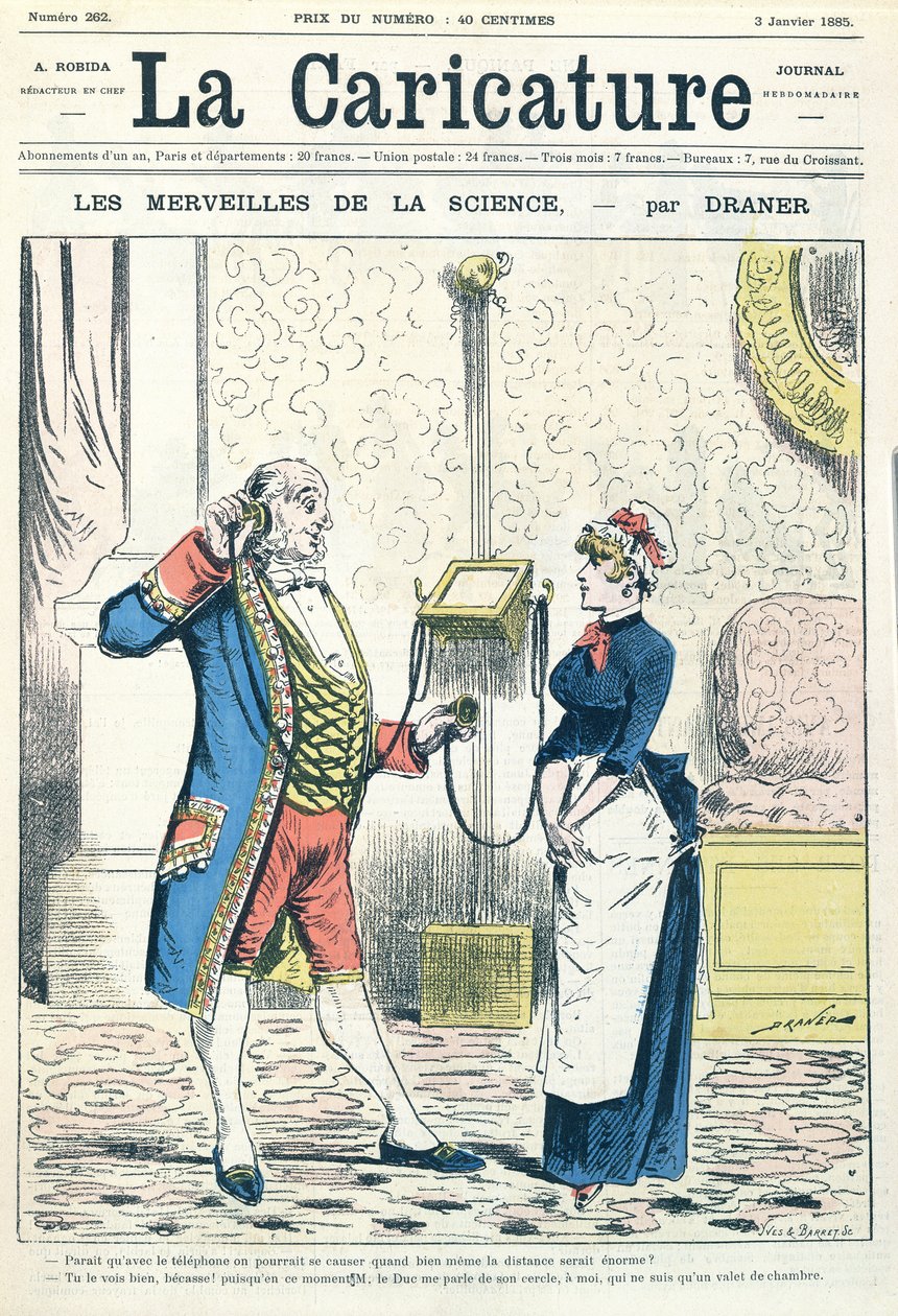 O telefone, ilustração de "La Caricature", gravada por Yves und Barret, 3 de janeiro de 1885 de Renard Jules Draner