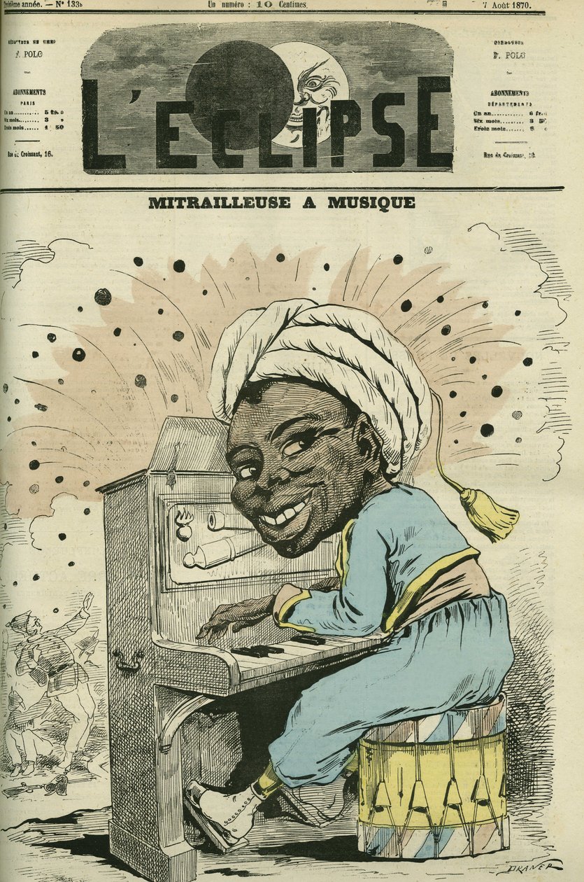 Metralhadora com música, desenho animado por Jules Renard Draner (1833-1926), especialista em vida militar entre todas as nacionalidades. Capa em "L
