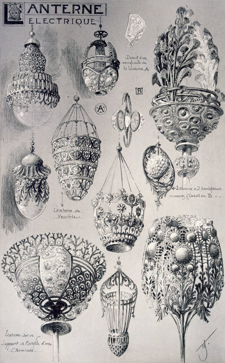 Acessórios para lanternas para iluminação eléctrica, de &39;Decorative Sketches&39;, c.1895 de Rene Binet