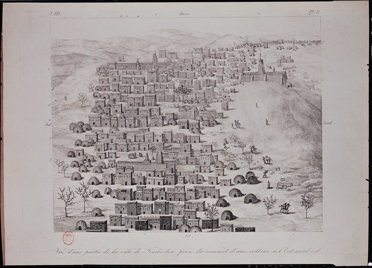 Vista, de, parte, de, a, cidade, de, timbuktu, de, um, colina, ilustração, de, &39;Journal, d&39;un, viagem, um, Tombouctou, e, um, Jenne&39;, 1830 de Rene Caillie