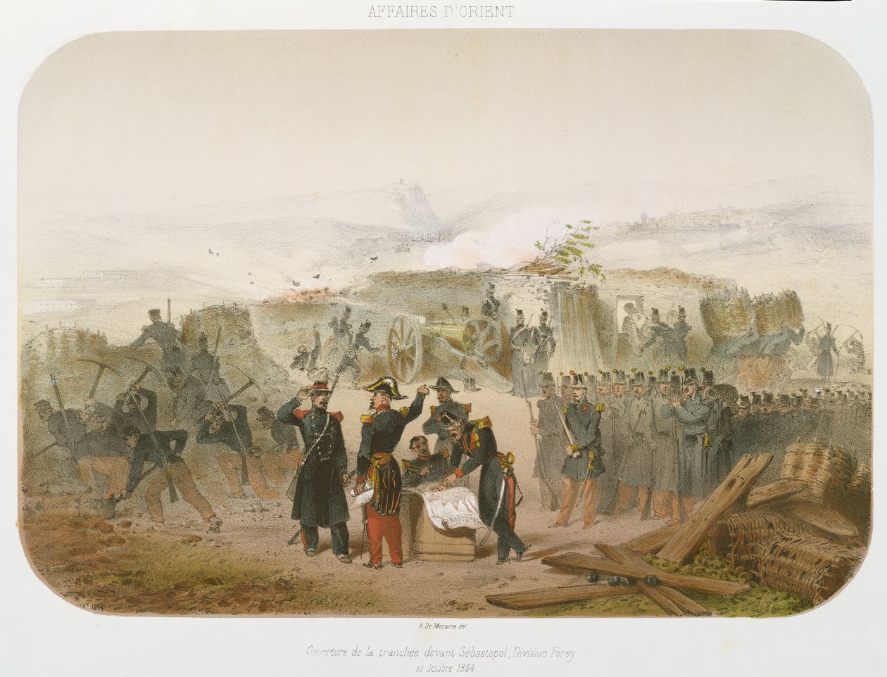 Construindo uma trincheira em frente a Sebastopol, 10 de outubro de 1854, 1854 (litografia a cores) de Rene Demoraine