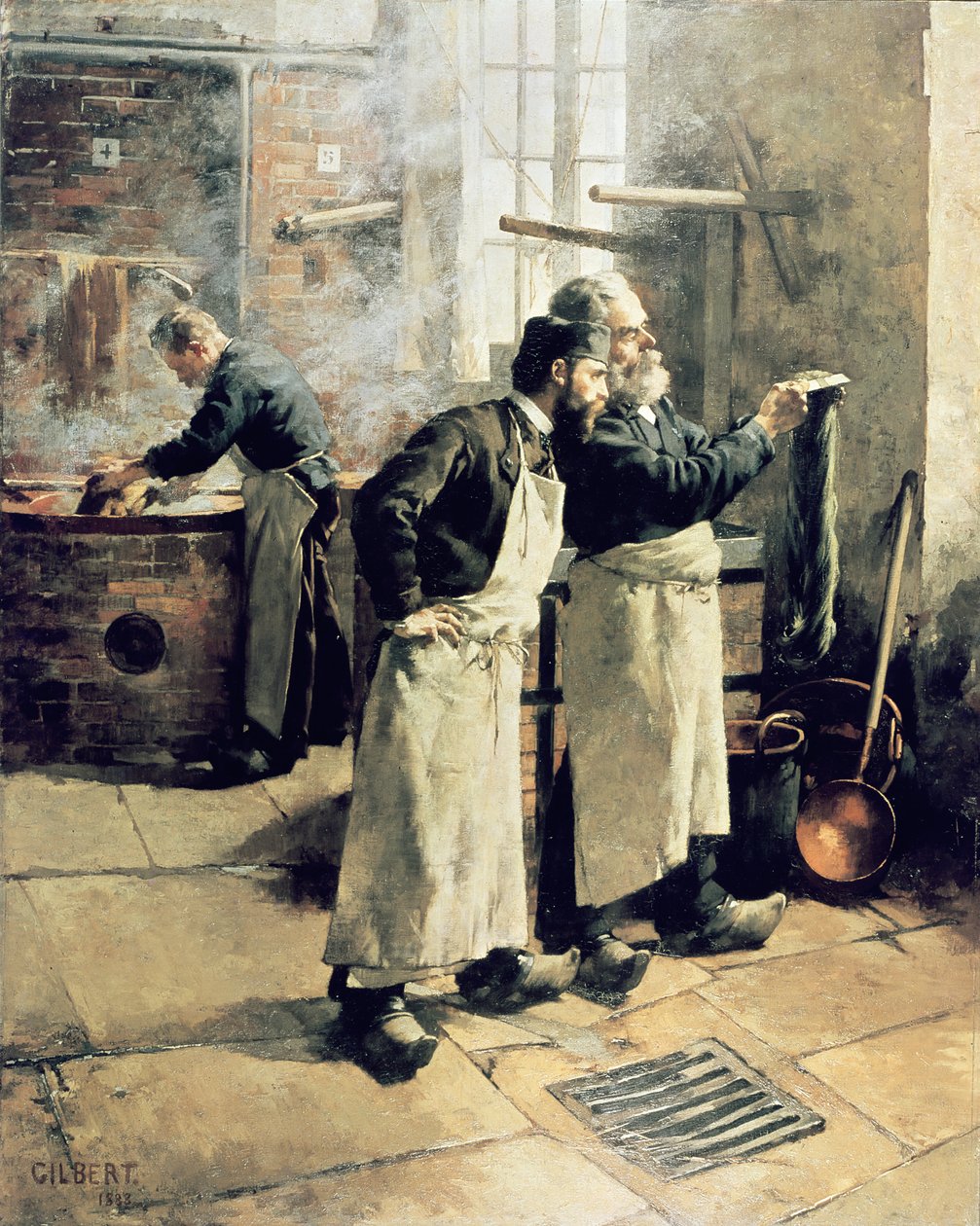 Oficina de tingimento nos Gobelins, século XIX de Rene Joseph Gilbert
