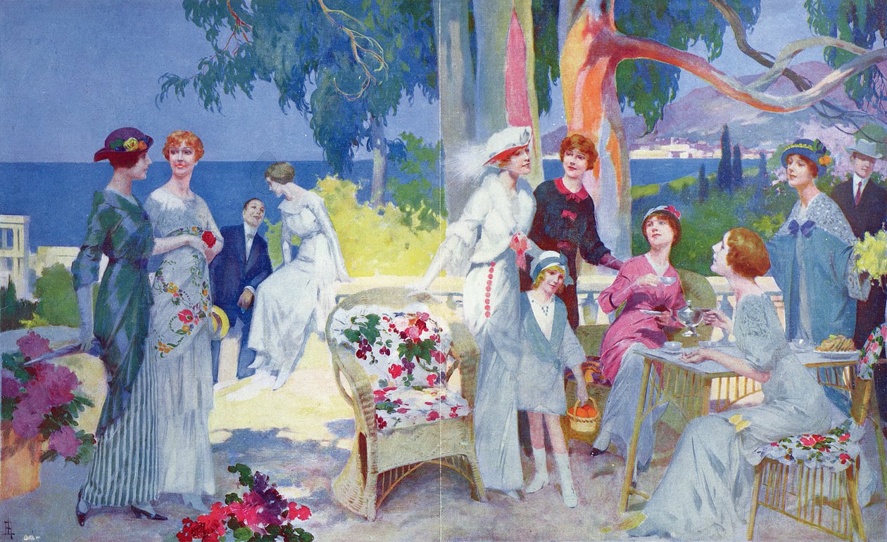 Festa do chá em um jardim na Riviera francesa, ilustração de &39;La Vie Heureuse&39;, de março de 1913 de Rene Lelong