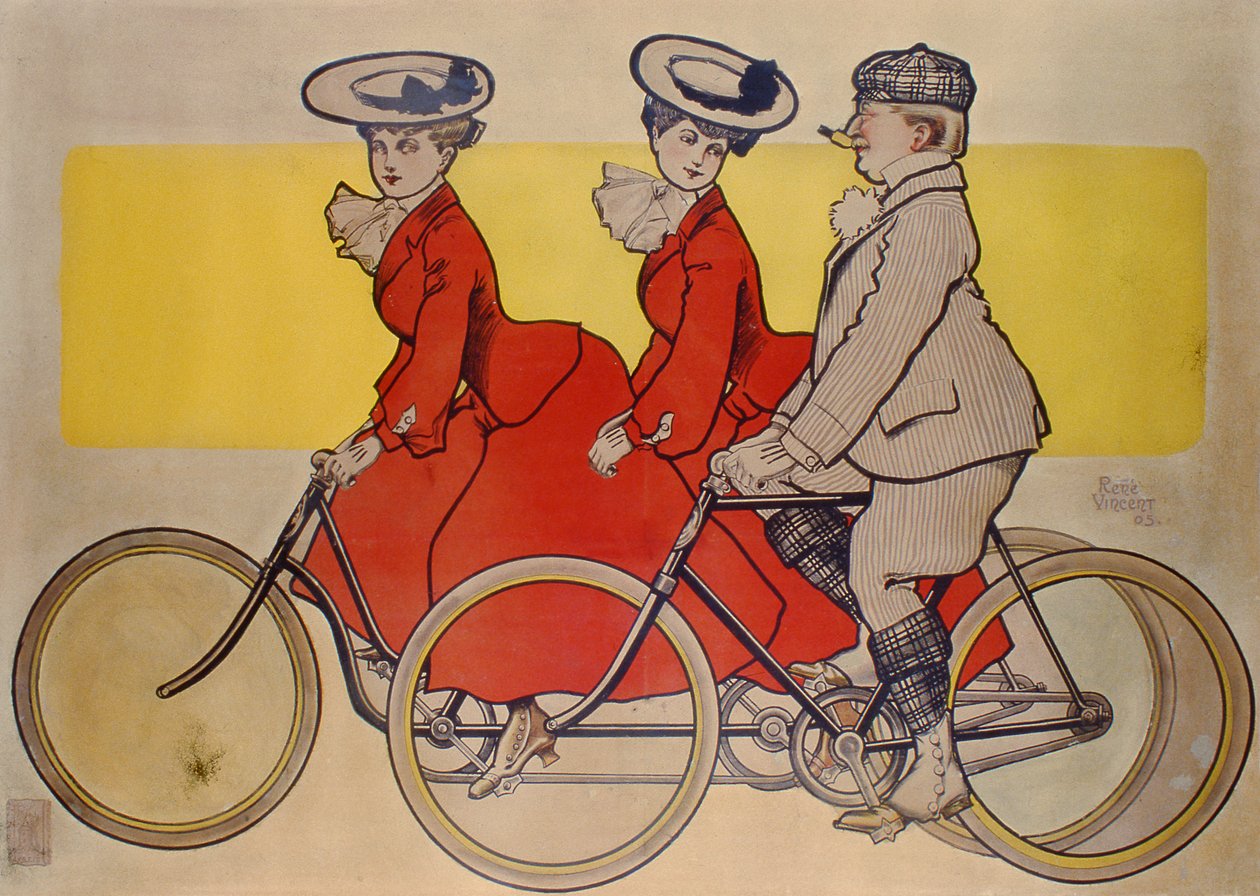 Homem em uma bicicleta e mulheres em um tandem, 1905 (gravura a cores) de Rene Vincent