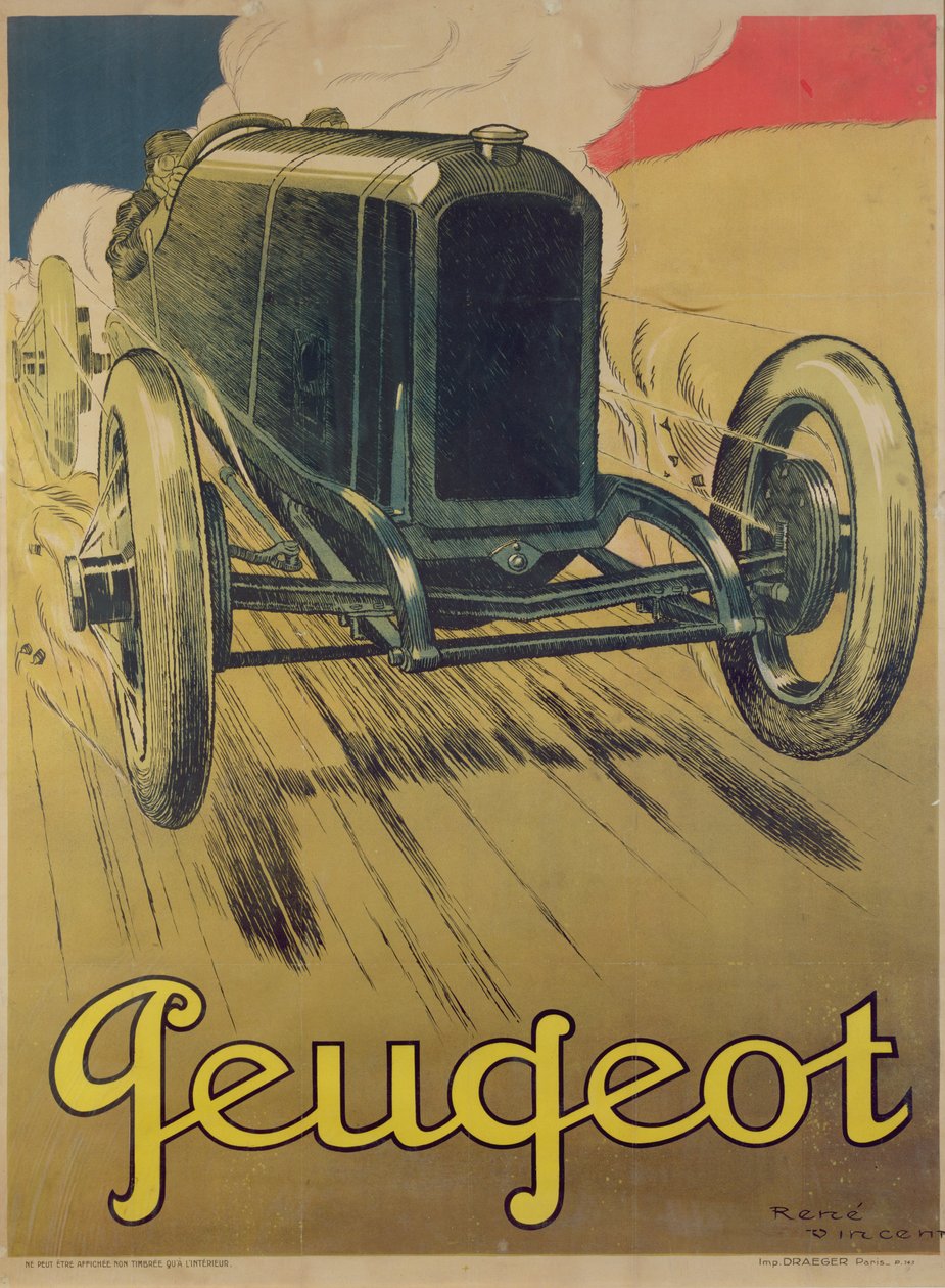Cartaz publicitário de um carro de corrida Peugeot, c.1918 de Rene Vincent