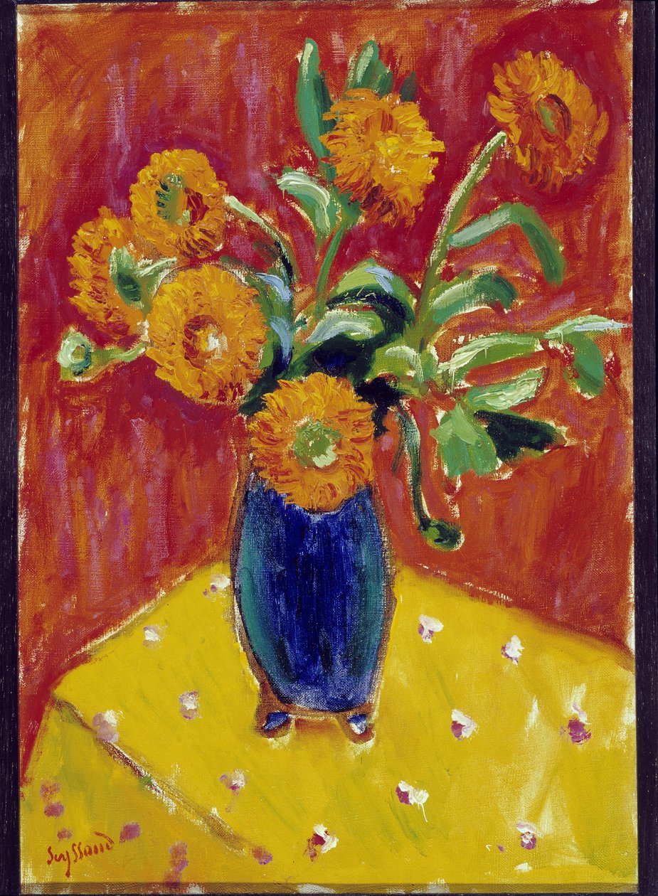 Bouquet de peónias num vaso azul (óleo sobre tela) de Rene Auguste Seyssaud