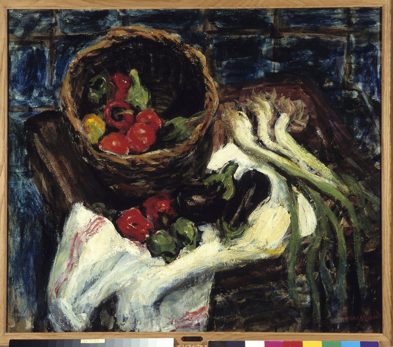 Natureza Morta em Pimentos de Cesta Vegetal, Berinjela e Alho-porro (óleo sobre tela) de Rene Auguste Seyssaud