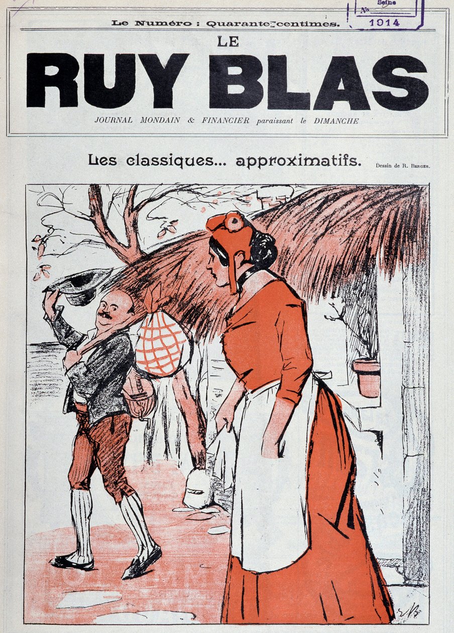 Marianne como camponesa, com um lenço na mão, nos degraus da sua casa a ver um homem sair para a cumprimentar - Desenho de R. Berger para a capa de Ruy Blas, 1 de janeiro de Rene Berger