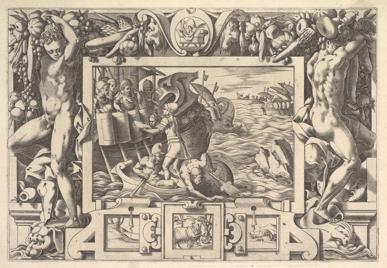 Aeëtes reúne os membros dos absintos Enquanto faz os membros se reunirem, os gregos d ..., 1563. de Rene Boyvin