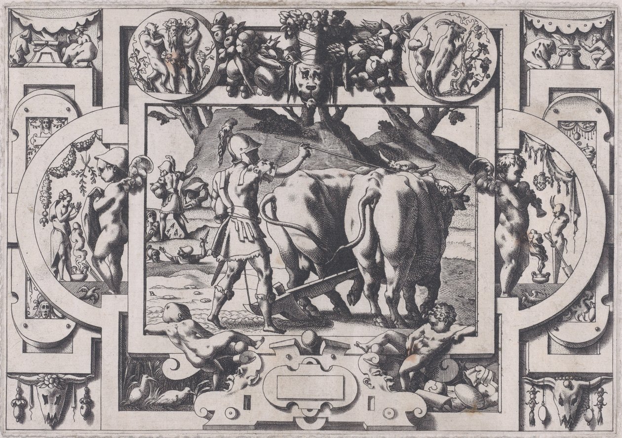 Jason semeia os dentes do dragão Jason os doma e os algema e ara seu f..., 1563. de Rene Boyvin