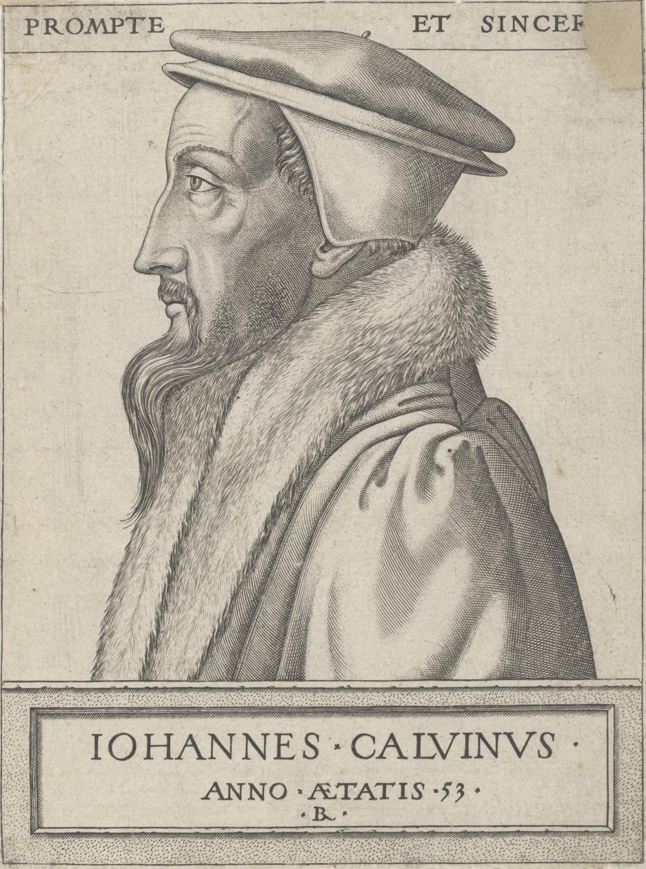 Jean Calvin (1509 - 1564), teólogo e força primária da Reforma Protestante, 53 anos de idade. de Rene Boyvin