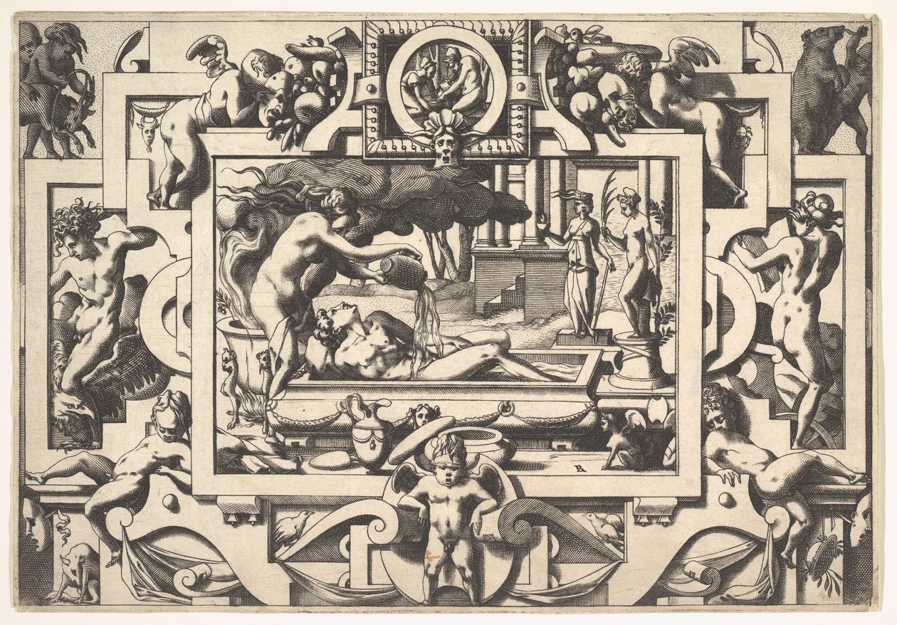 Medéia derrama uma poção mágica sobre Jason King Aeson tão obsoleto e magro em um tanque que ela ..., 1563. de Rene Boyvin
