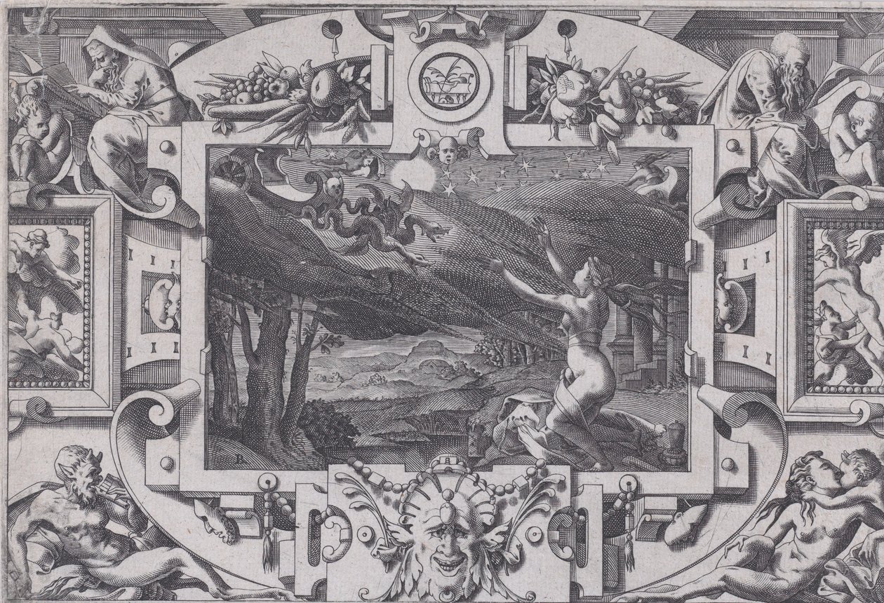 Medeia e sua carruagem puxada por dragões Despenteada e nua em uma noite escura, em um lugar deserto..., 1563. de Rene Boyvin
